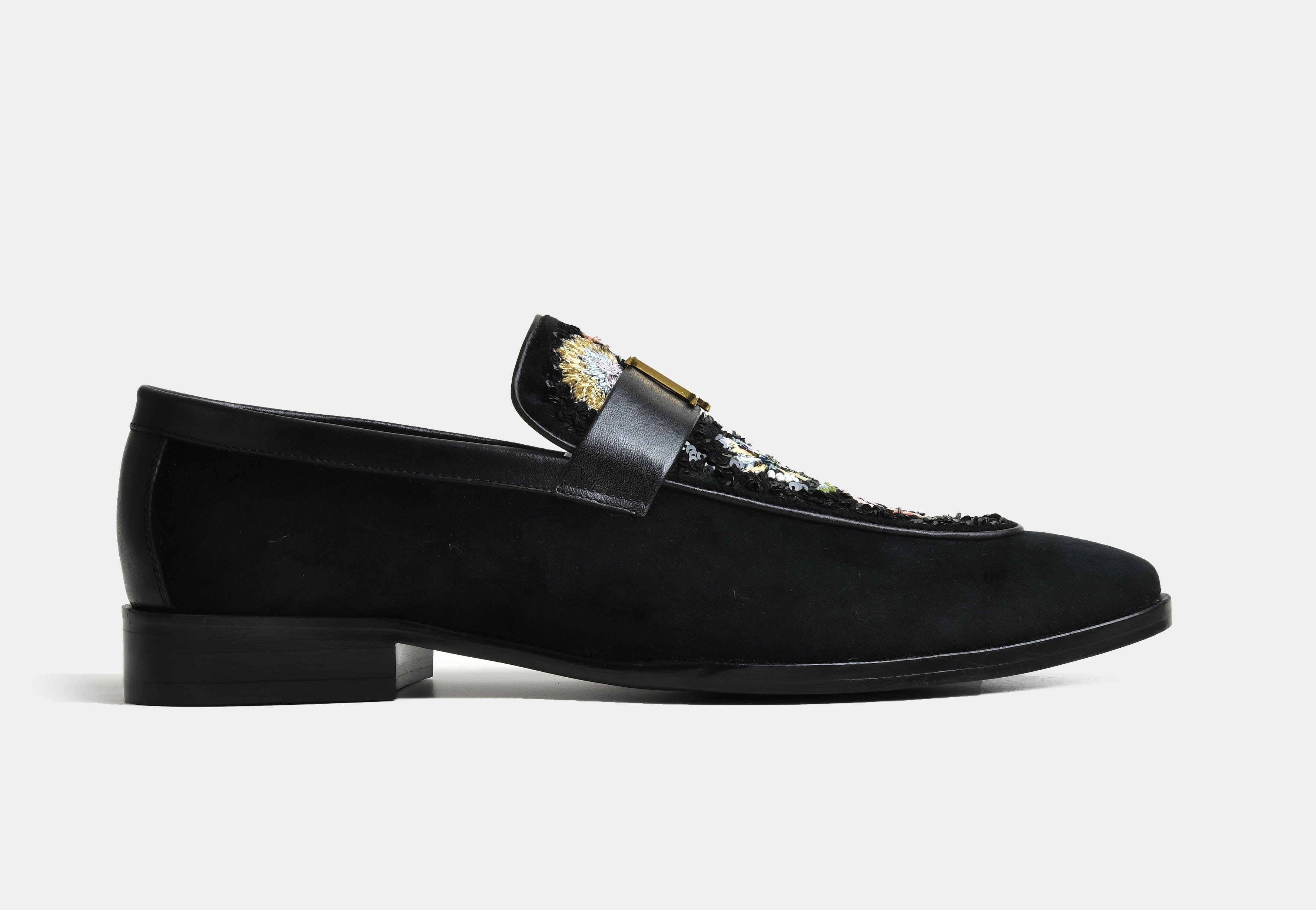 Sereno | MEN BLACK FLORAL EMBROIDERED SLIP-ONS