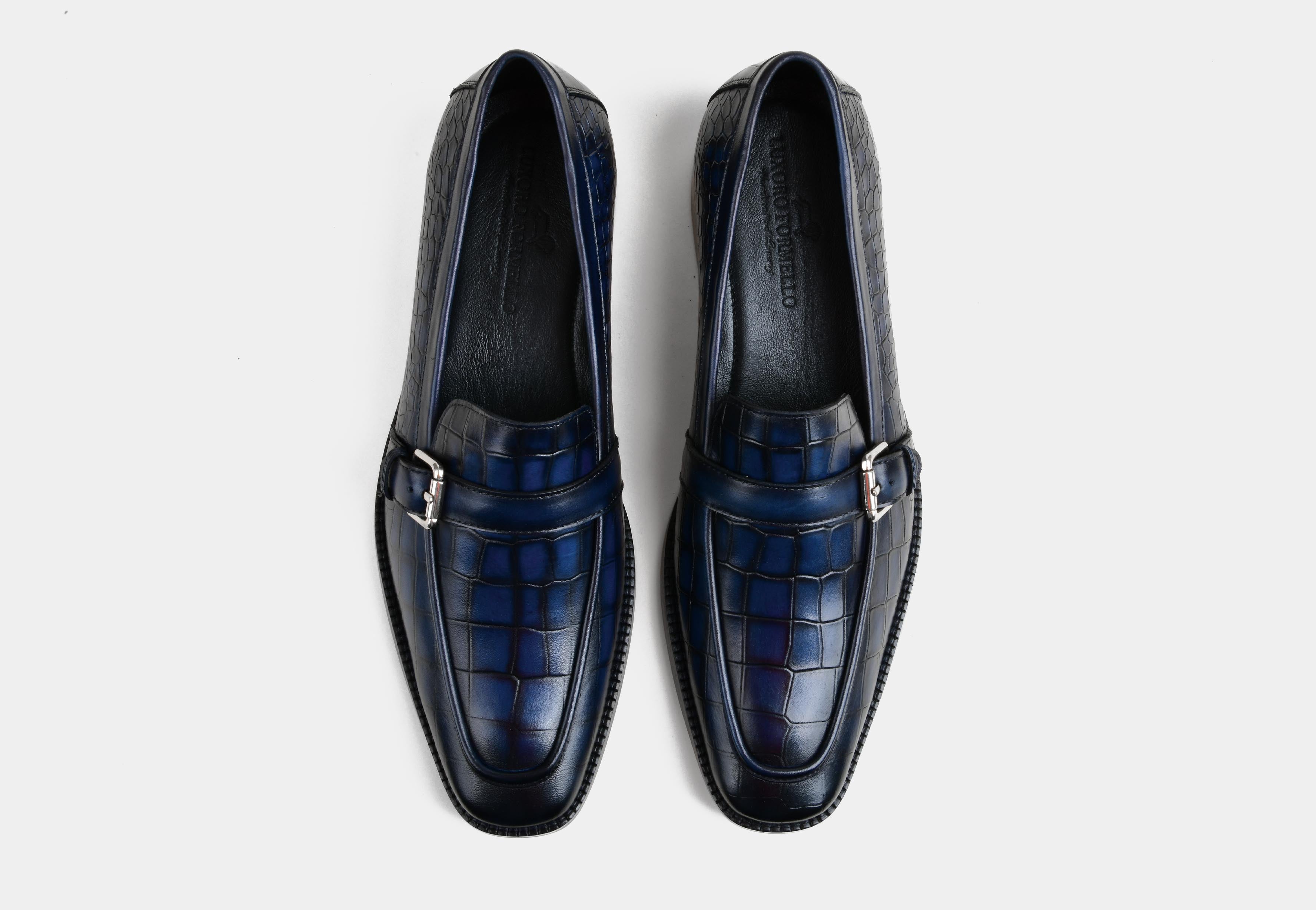 KLEIN | MEN BUCKLE STRAP LOAFERS IN CROC BLUE