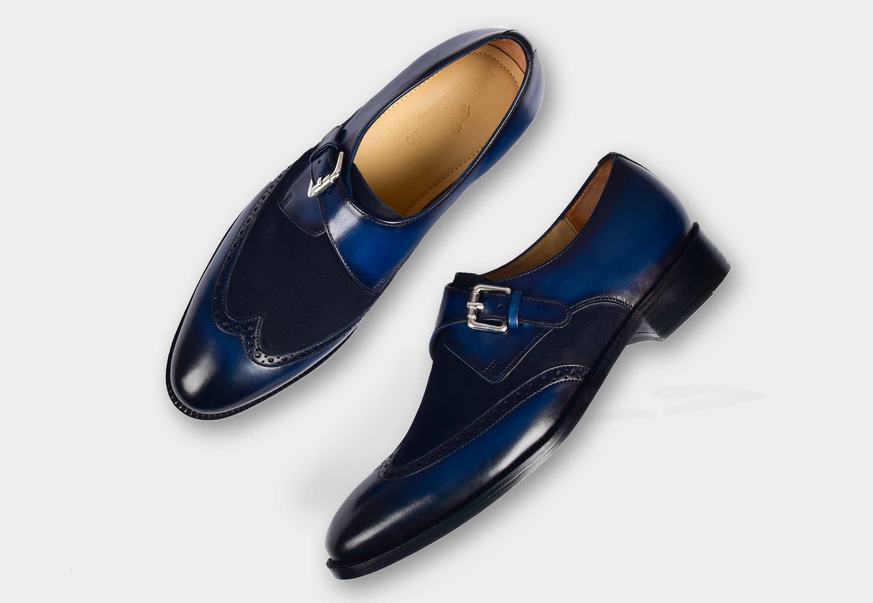 Bruce | MEN BLUE SUEDE & LEATHER WINGTIP MONK STRAPS