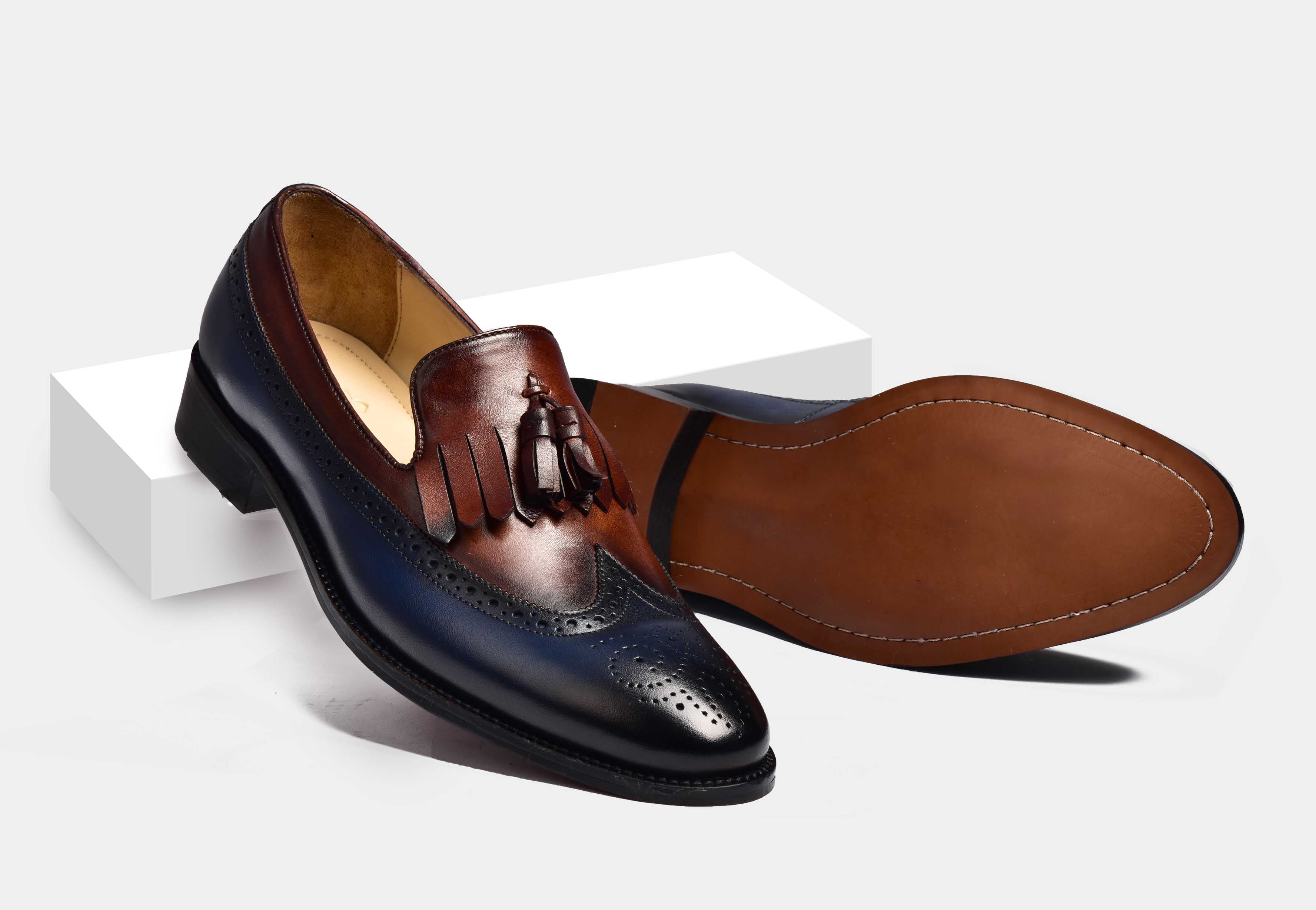 Brian | MEN BLUE & BROWN WINGTIP TASSEL LOAFERS
