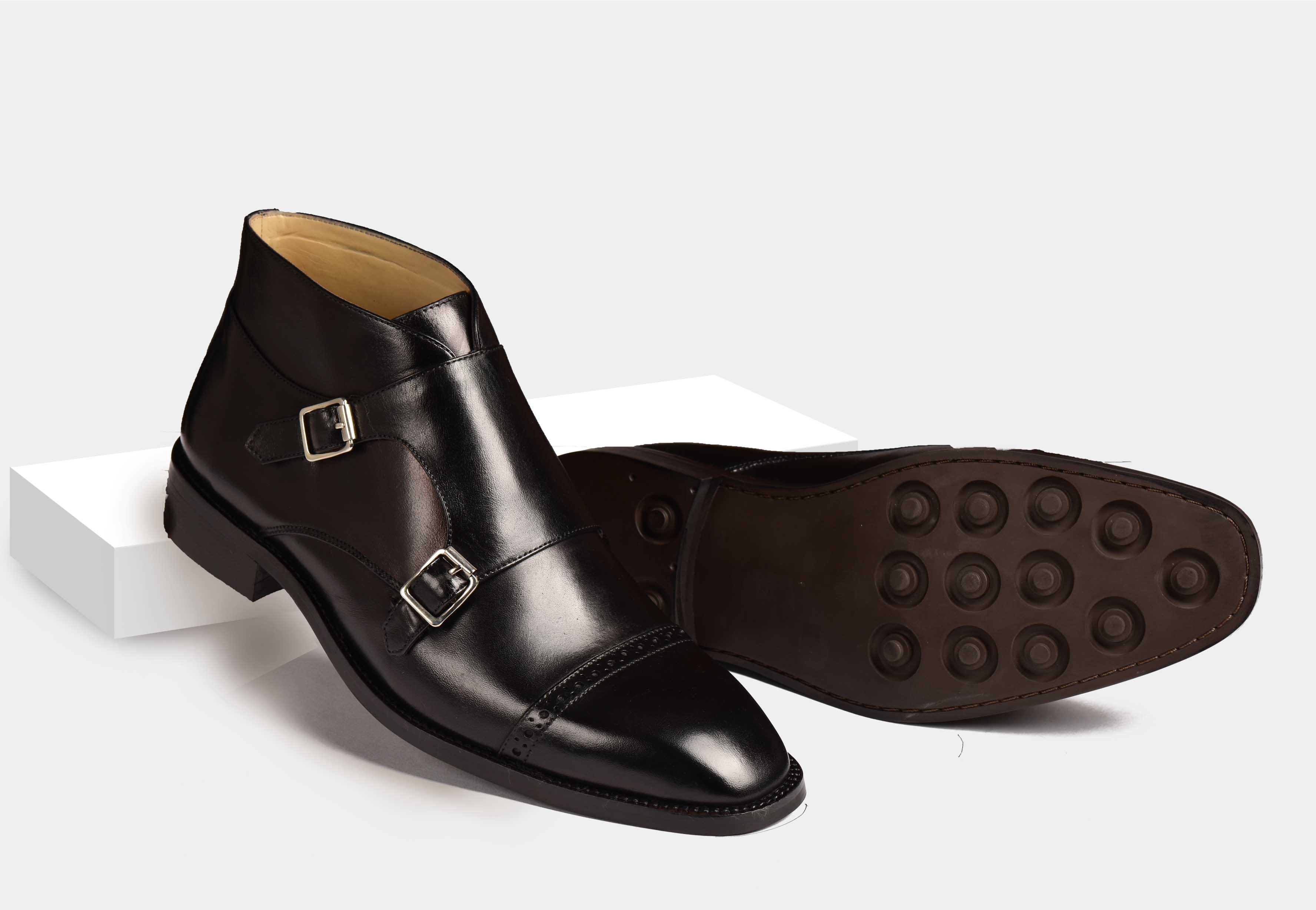 Alfred | MEN BLACK CAP-TOE DOUBLE MONK BOOTS