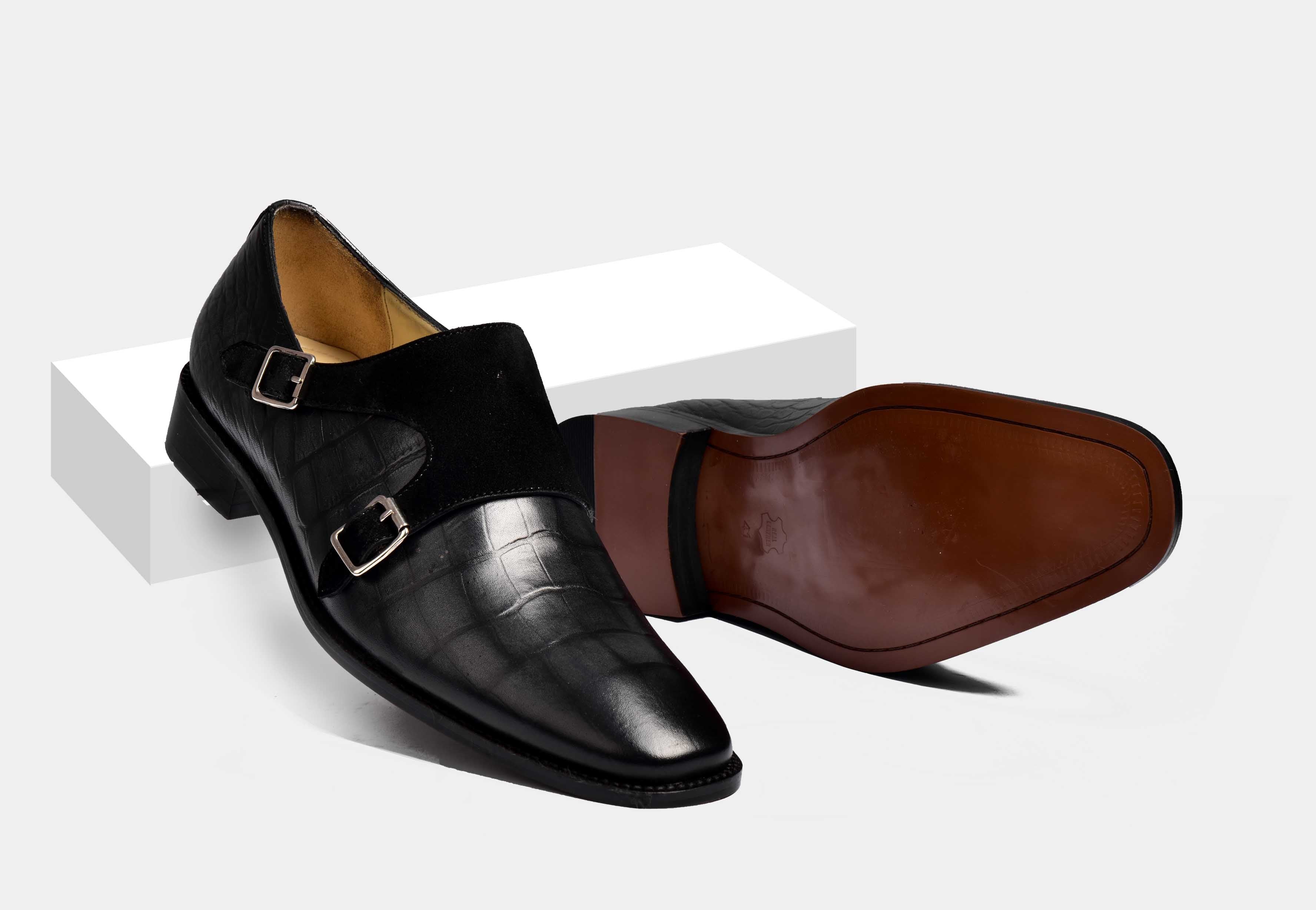 Nathan | MEN BLACK CROCO DOUBLE MONK STRAPS