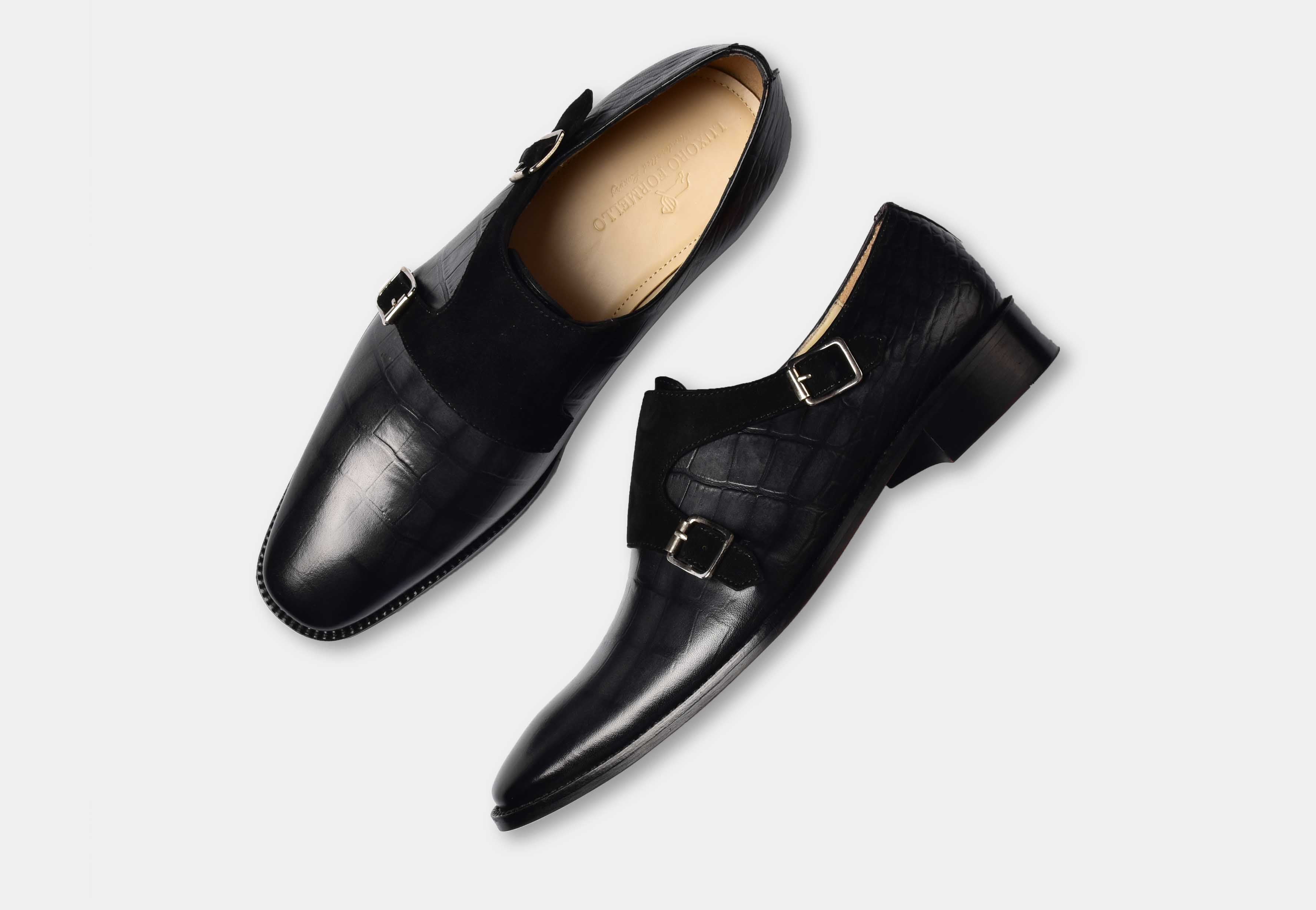 Nathan | MEN BLACK CROCO DOUBLE MONK STRAPS
