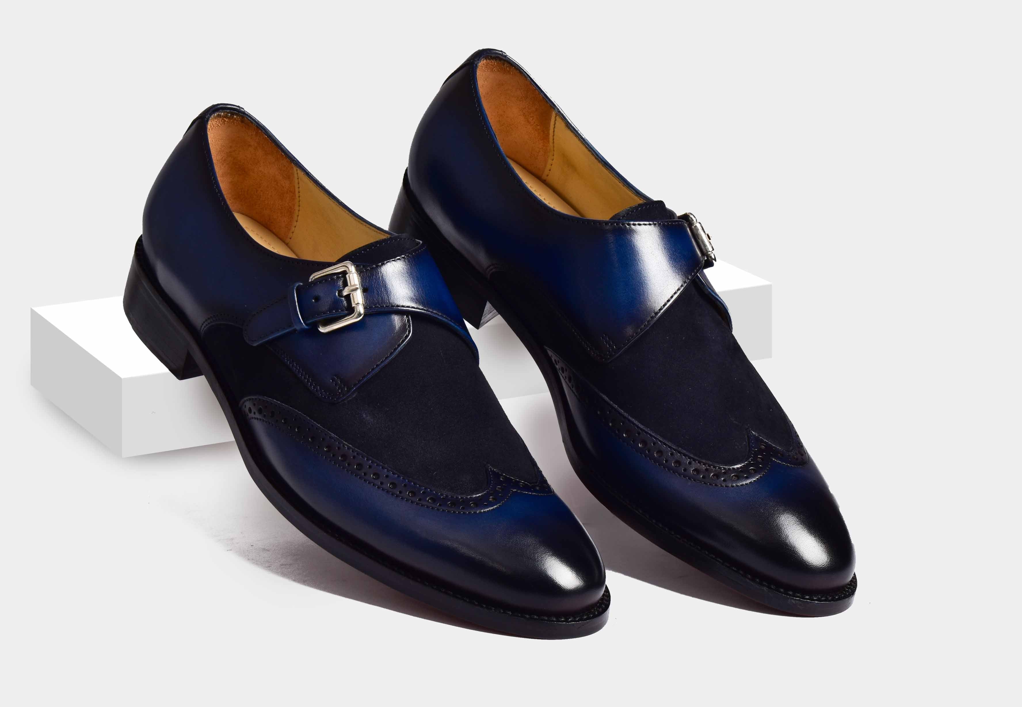 Bruce | MEN BLUE SUEDE & LEATHER WINGTIP MONK STRAPS