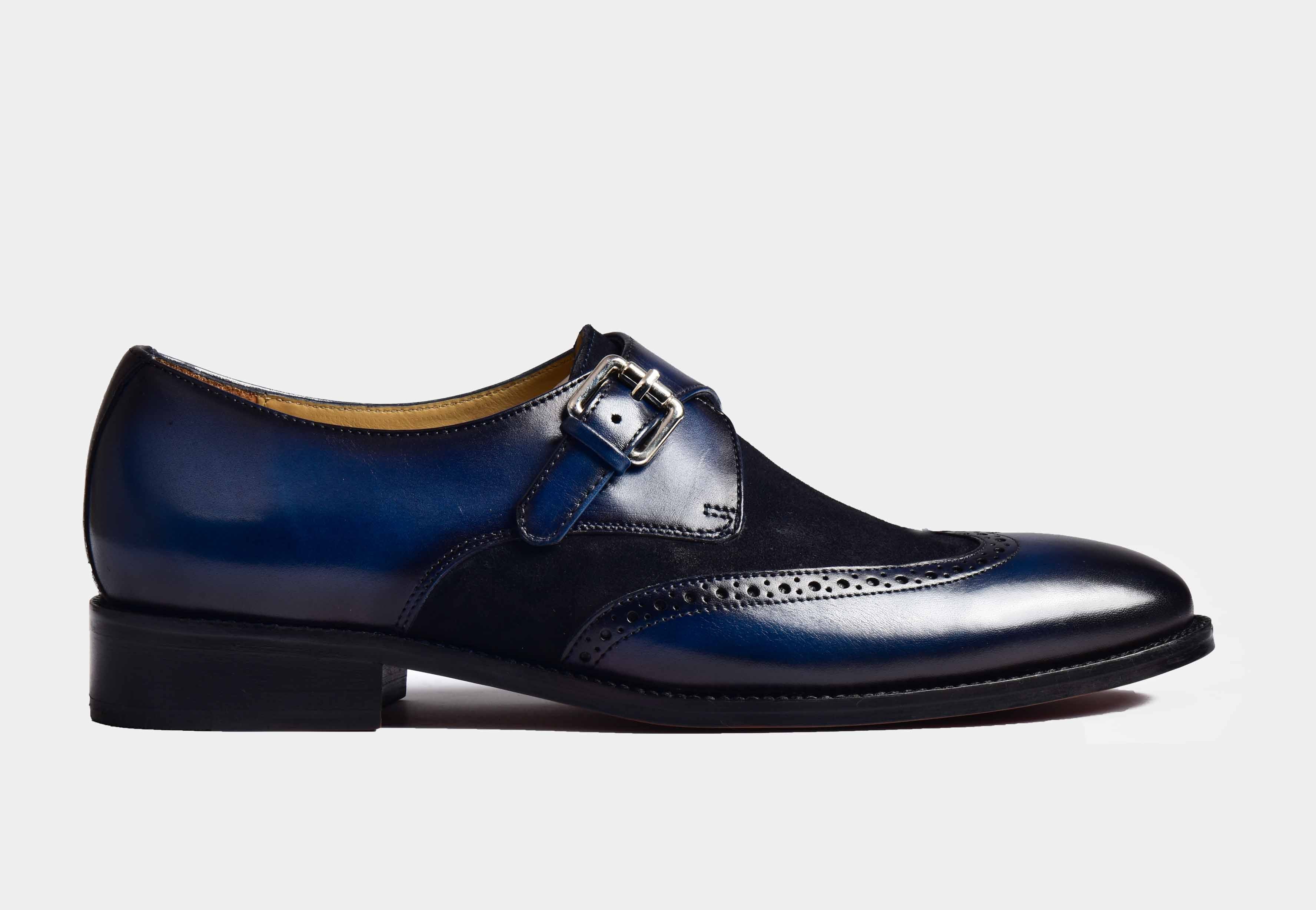 Bruce | MEN BLUE SUEDE & LEATHER WINGTIP MONK STRAPS