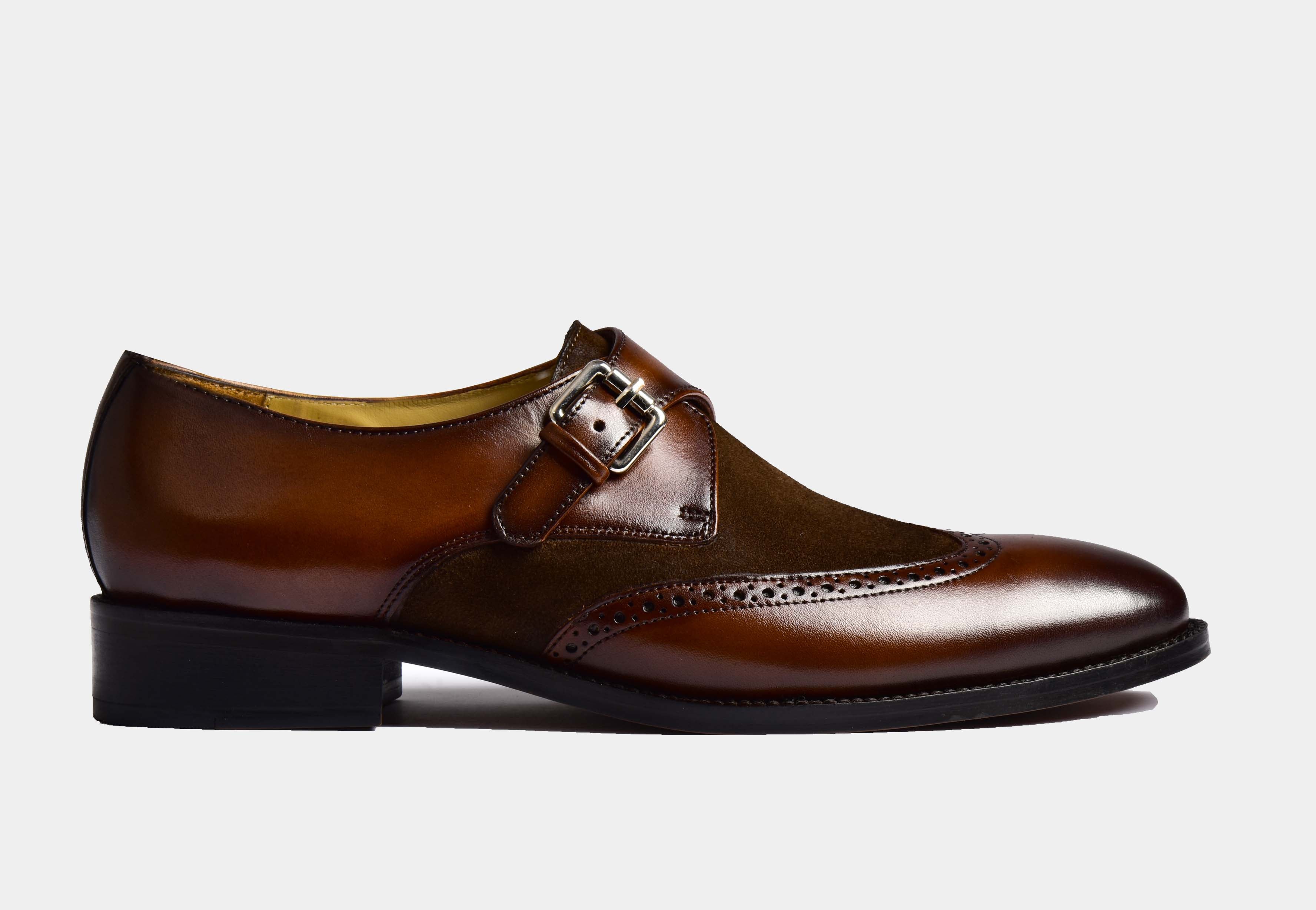 Chris |  MEN BROWN SUEDE & LEATHER WINGTIP MONK STRAPS