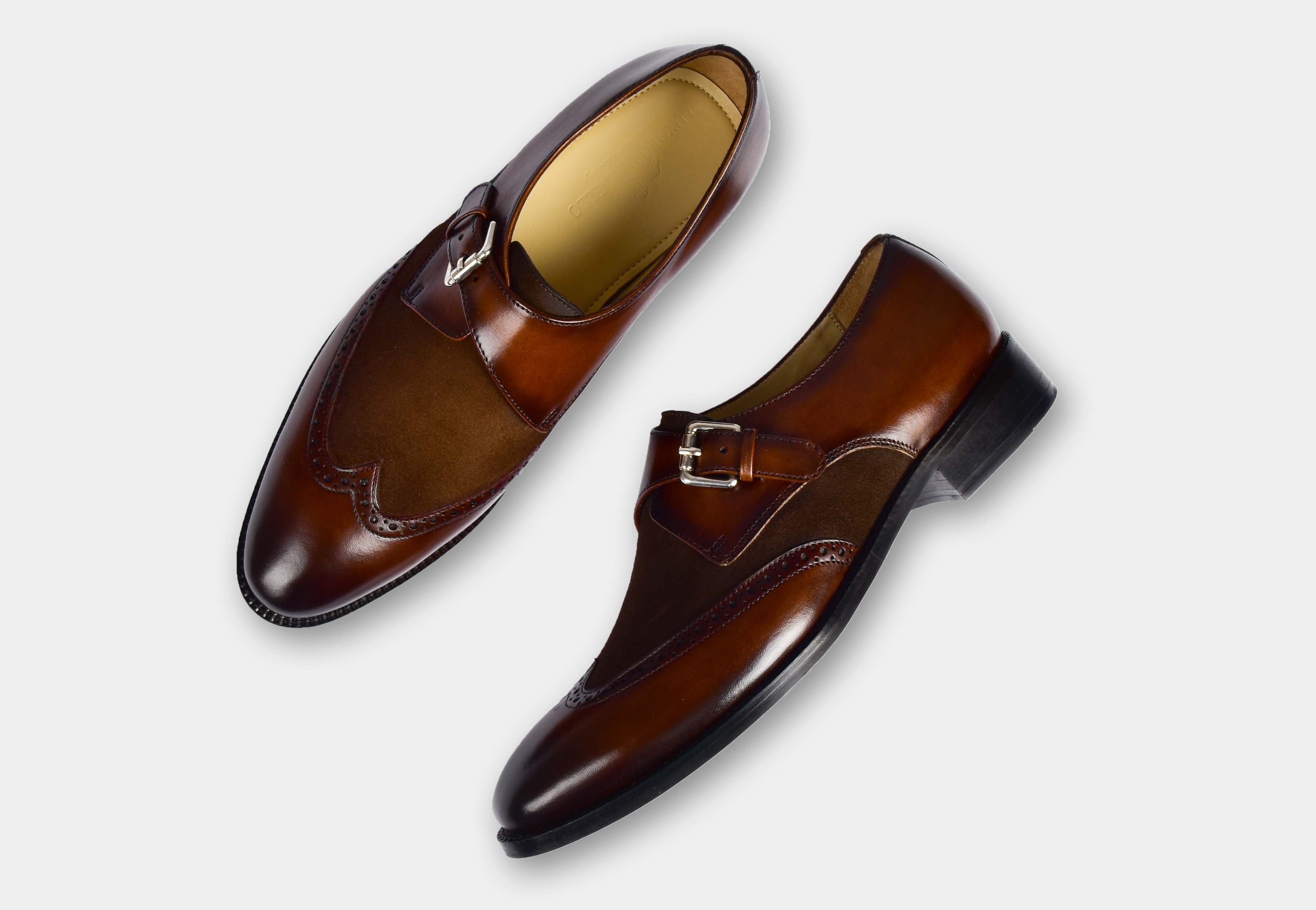 Chris |  MEN BROWN SUEDE & LEATHER WINGTIP MONK STRAPS