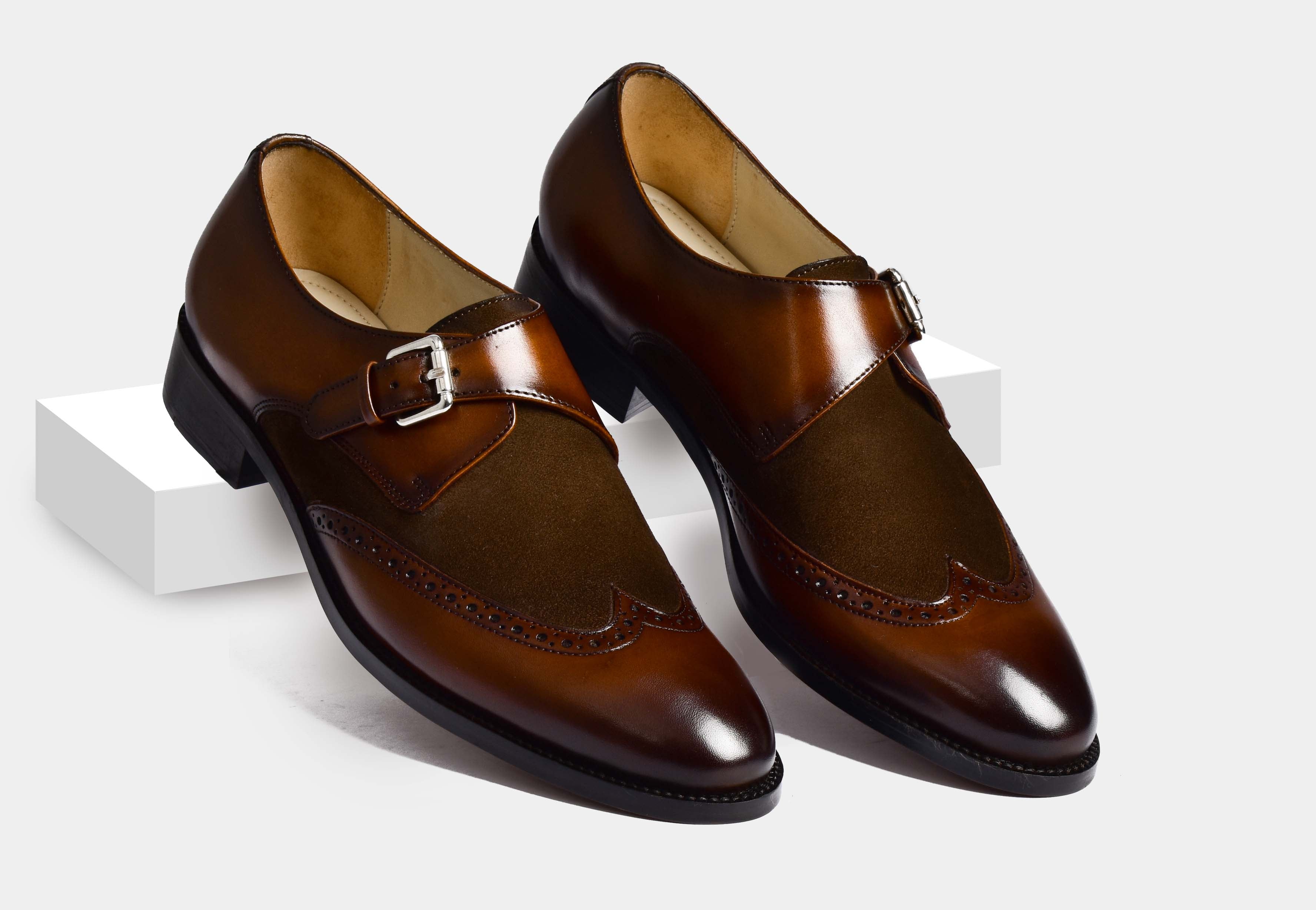 Chris |  MEN BROWN SUEDE & LEATHER WINGTIP MONK STRAPS