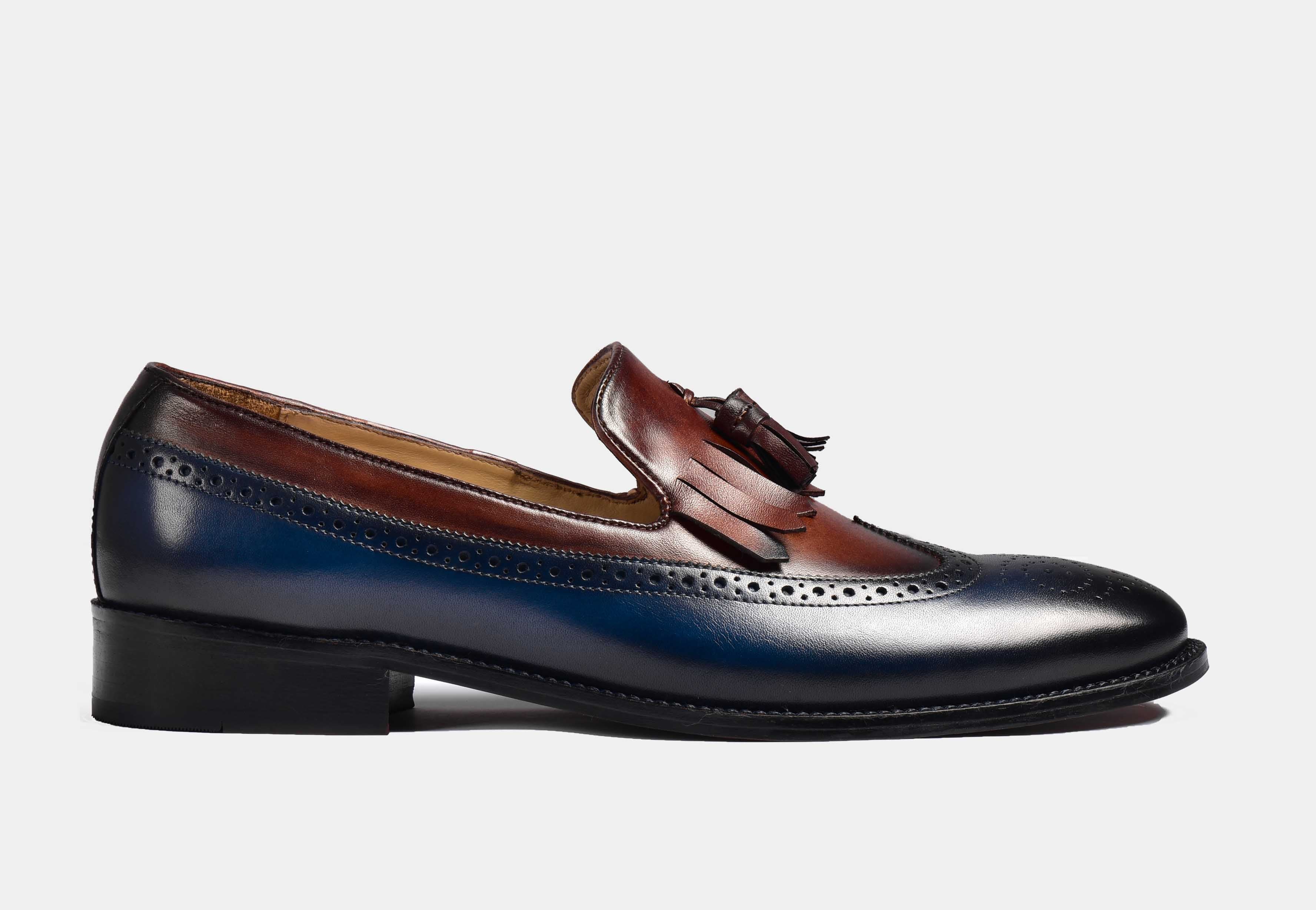Brian | MEN BLUE & BROWN WINGTIP TASSEL LOAFERS