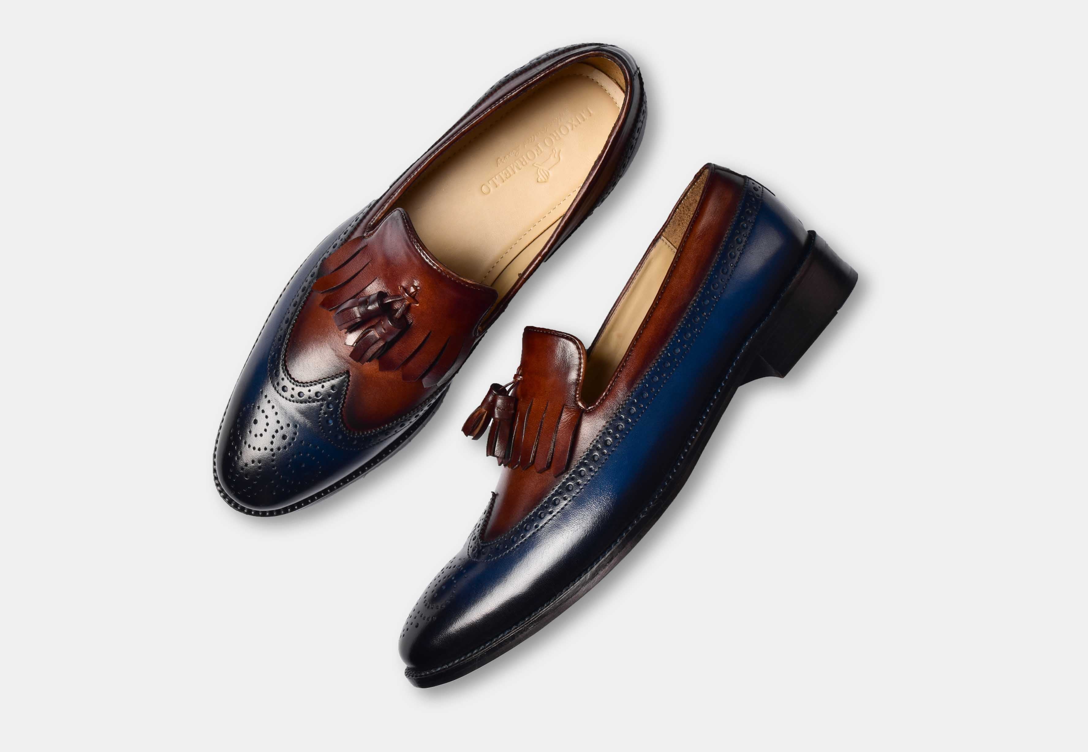 Brian | MEN BLUE & BROWN WINGTIP TASSEL LOAFERS